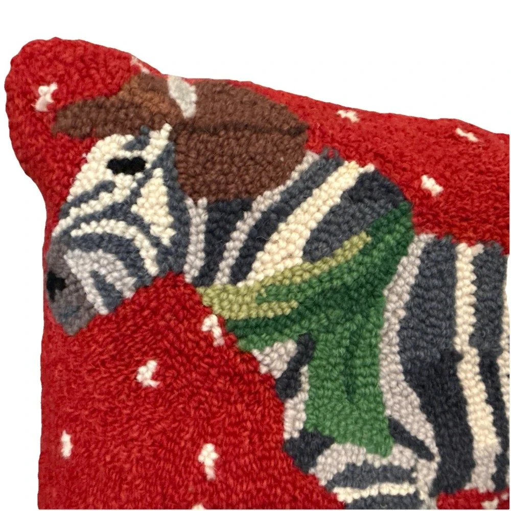 Grandin Road Zebra Winter Wonderland Hooked Wool Pillow Holiday Accent 14x18